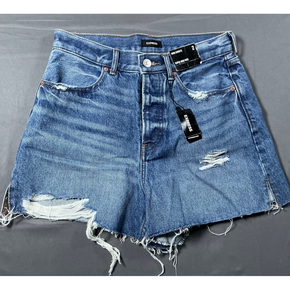 Express Womens Mom Shorts Super High Rise Distressed Denim Blue Size 2 NEW